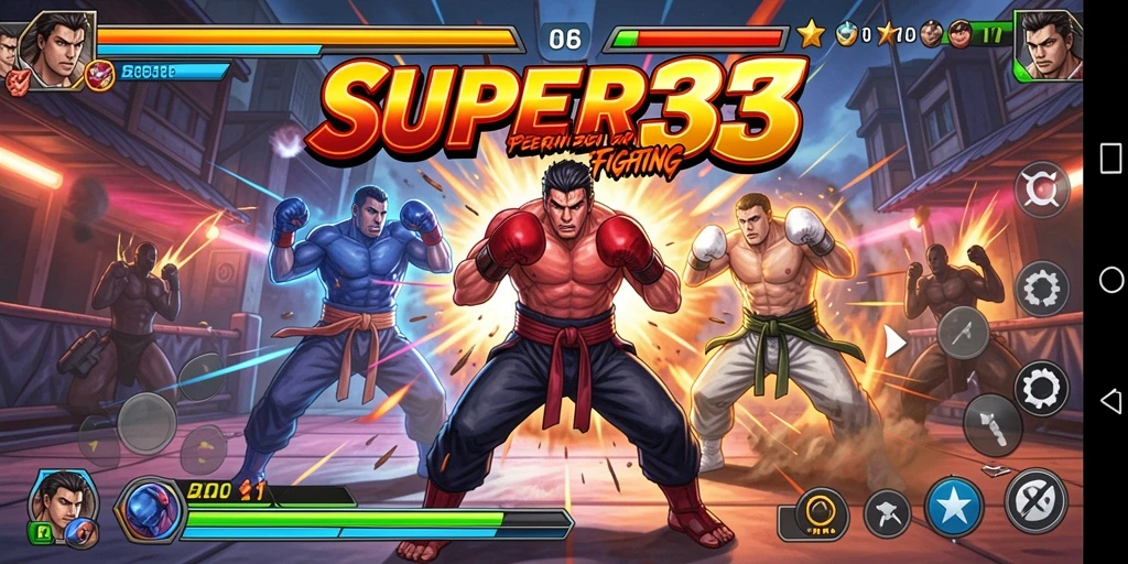 Tangkapan layar SUPER33 menampilkan pertarungan mendebarkan antara karakter-karakter unik.